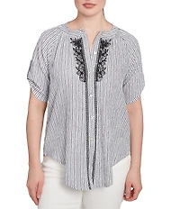 Ruby Rd. Super Soft Puckered Embroidered Stripe Short Roll-Tab Button Front Shirt