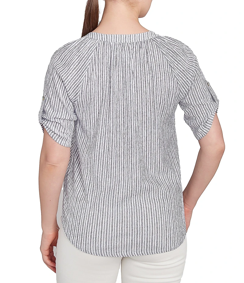 Ruby Rd. Super Soft Puckered Embroidered Stripe Short Roll-Tab Button Front Shirt