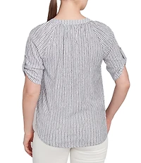 Ruby Rd. Super Soft Puckered Embroidered Stripe Short Roll-Tab Button Front Shirt