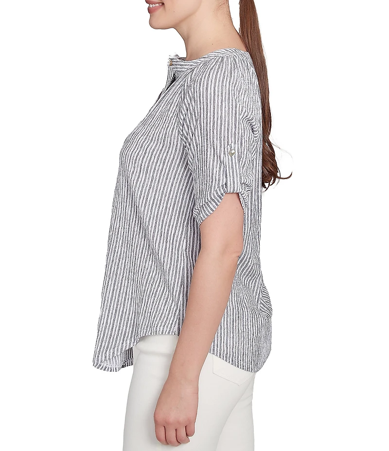 Ruby Rd. Super Soft Puckered Embroidered Stripe Short Roll-Tab Button Front Shirt