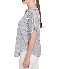 Ruby Rd. Super Soft Puckered Embroidered Stripe Short Roll-Tab Button Front Shirt