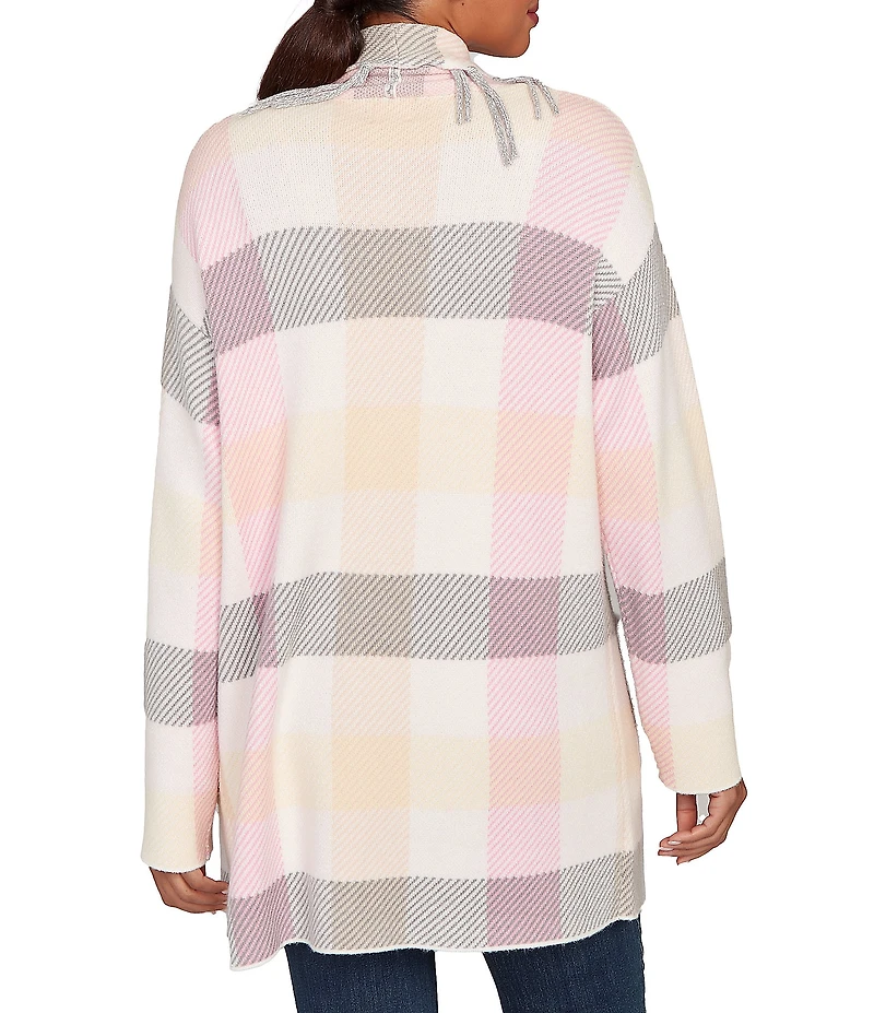 Ruby Rd. Sweet Plaid Print Shawl Collar Fringe Open-Front Cozy Cardigan