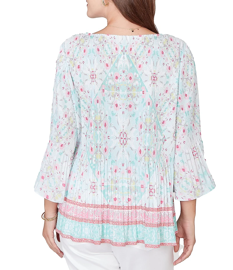 Ruby Rd. Tapestry Border Print V-Neck 3/4 Sleeve Blouse