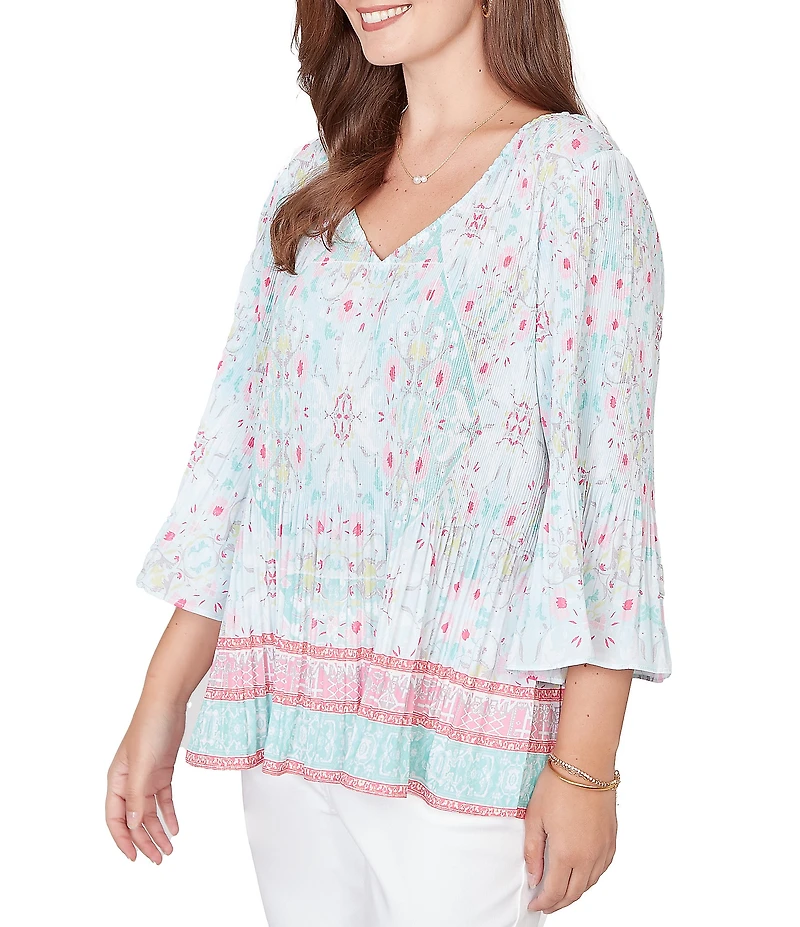 Ruby Rd. Tapestry Border Print V-Neck 3/4 Sleeve Blouse
