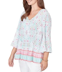 Ruby Rd. Tapestry Border Print V-Neck 3/4 Sleeve Blouse