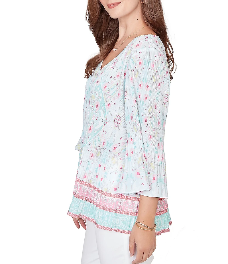 Ruby Rd. Tapestry Border Print V-Neck 3/4 Sleeve Blouse