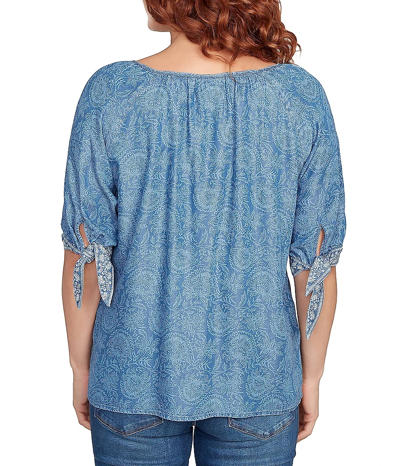 Ruby Rd. Tencel™ Embroidered Allover Printed Keyhole Neck Elbow Tie Sleeve Top