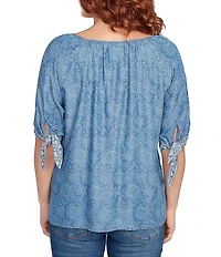 Ruby Rd. Tencel™ Embroidered Allover Printed Keyhole Neck Elbow Tie Sleeve Top