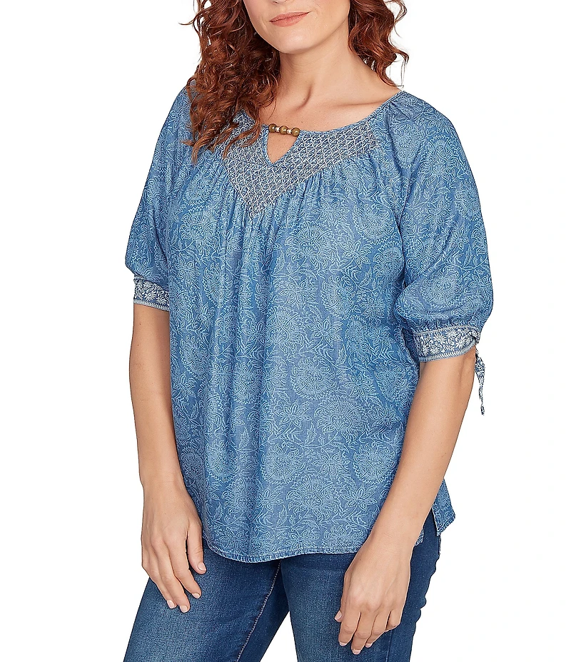 Ruby Rd. Tencel™ Embroidered Allover Printed Keyhole Neck Elbow Tie Sleeve Top