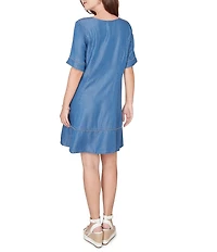 Ruby Rd. Tencel™ Split Neck Short Sleeve Lace-Up Shift Dress