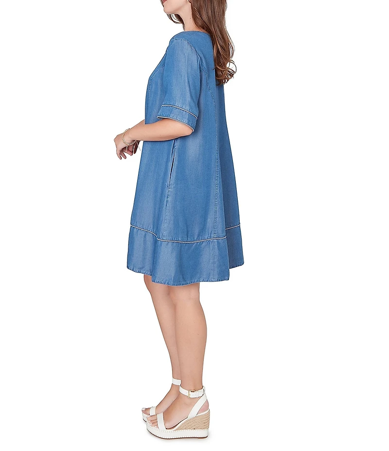 Ruby Rd. Tencel™ Split Neck Short Sleeve Lace-Up Shift Dress