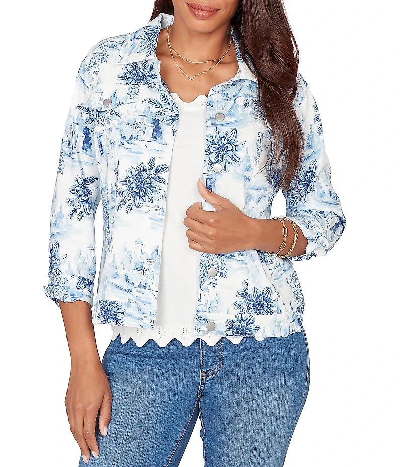 Ruby Rd. Tencel™ Toile Print Point Collar Bracelet Roll Sleeve Button-Front Jacket