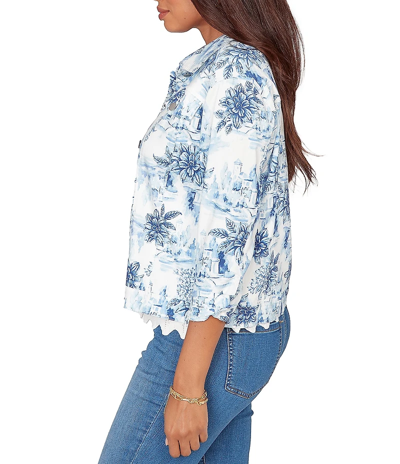 Ruby Rd. Tencel™ Toile Print Point Collar Bracelet Roll Sleeve Button-Front Jacket