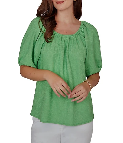 Ruby Rd. Textured Jacquard Floral Scoop Neck Elbow Sleeve Top