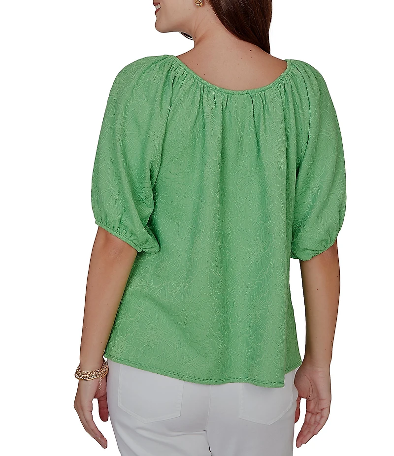 Ruby Rd. Textured Jacquard Floral Scoop Neck Elbow Sleeve Top