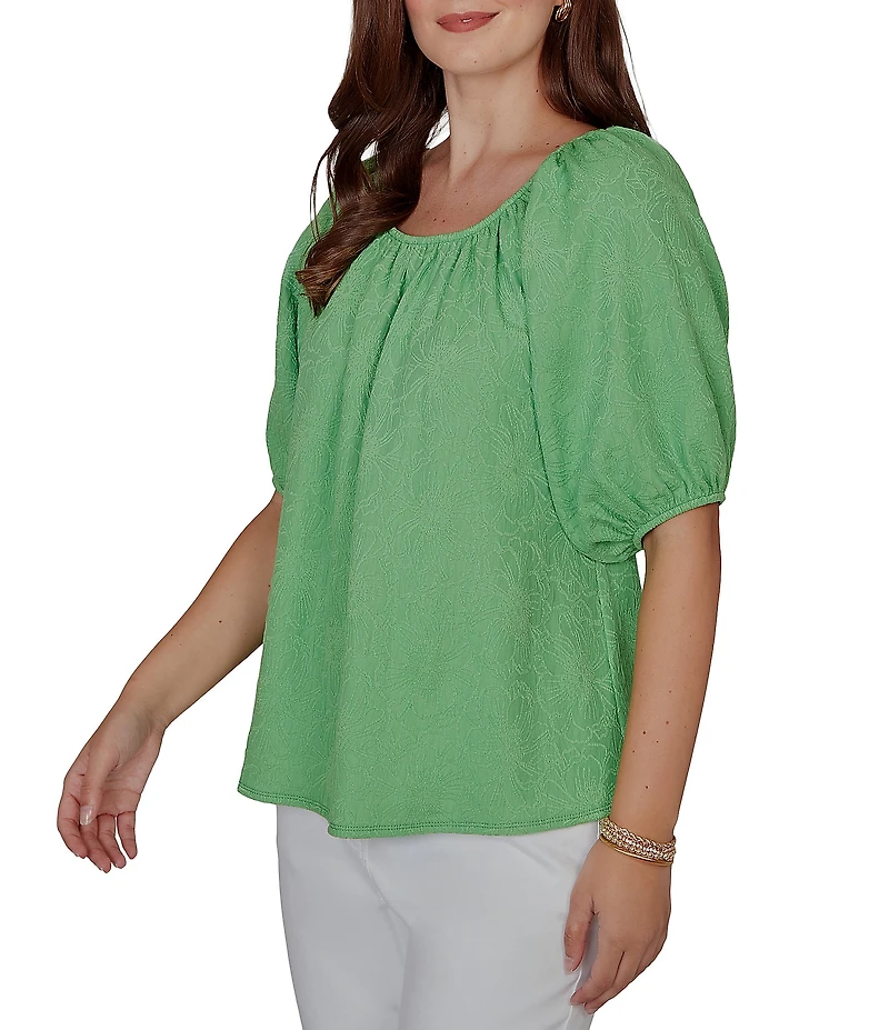 Ruby Rd. Textured Jacquard Floral Scoop Neck Elbow Sleeve Top