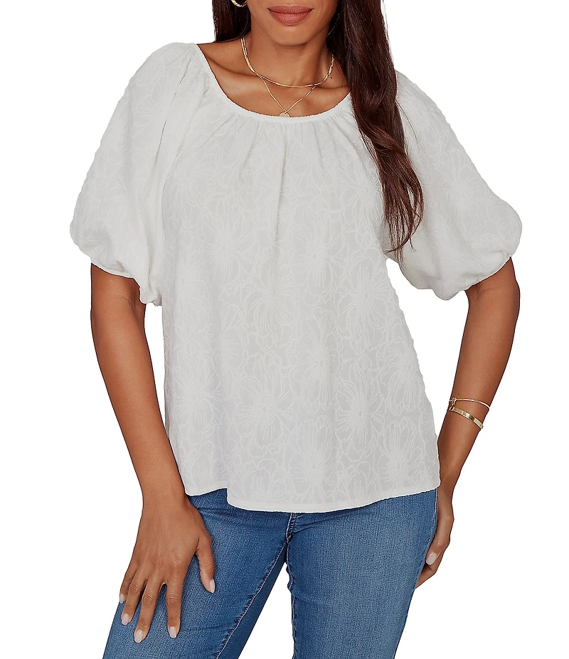 Ruby Rd. Textured Jacquard Floral Scoop Neck Elbow Sleeve Top