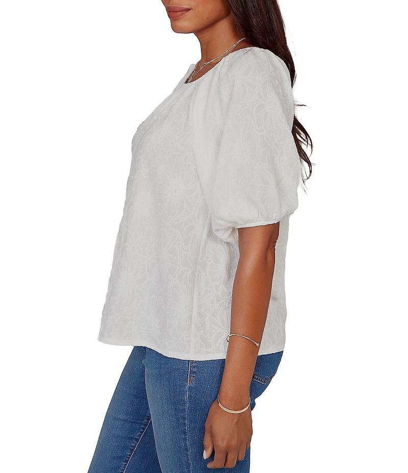 Ruby Rd. Textured Jacquard Floral Scoop Neck Elbow Sleeve Top