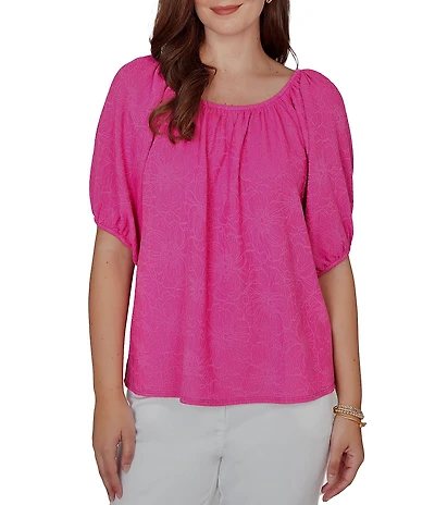 Ruby Rd. Textured Jacquard Floral Scoop Neck Elbow Sleeve Top