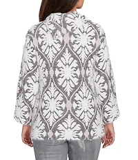 Ruby Rd. Textured Jacquard Knit Medallion Cowl Neck Bracelet Length Sleeve Sweater