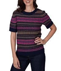 Ruby Rd. Textured Knit Fair Isle Boat Neck Short Sleeve Ribbed Sweater