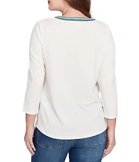 Ruby Rd. Textured Slub Knit Split Round V-Neck 3/4 Sleeve Embellished Top