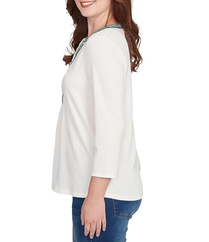 Ruby Rd. Textured Slub Knit Split Round V-Neck 3/4 Sleeve Embellished Top
