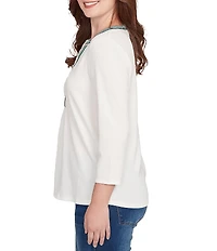 Ruby Rd. Textured Slub Knit Split Round V-Neck 3/4 Sleeve Embellished Top