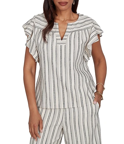 Ruby Rd. Textured Stripe Split V-Neck Short Flutter Sleeve Coordinating Top