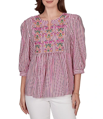 Ruby Rd. Textured Yarn-Dyed Stripe Embroidered Split V-Neck 3/4 Sleeve Blouse