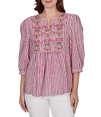 Ruby Rd. Textured Yarn-Dyed Stripe Embroidered Split V-Neck 3/4 Sleeve Blouse