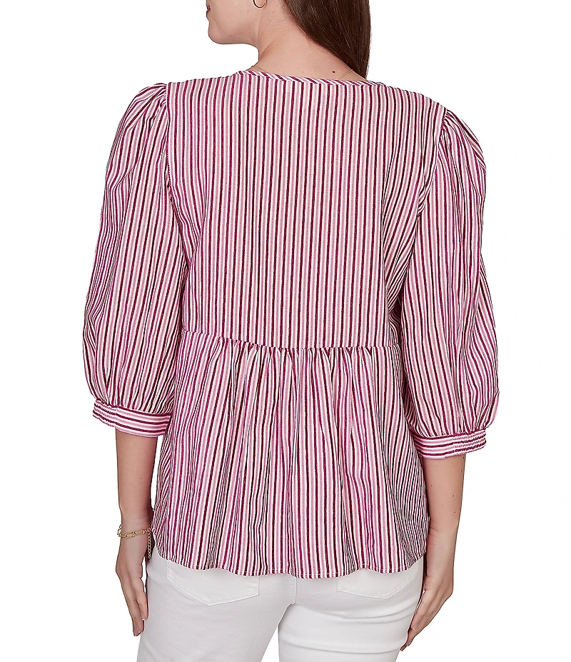 Ruby Rd. Textured Yarn-Dyed Stripe Embroidered Split V-Neck 3/4 Sleeve Blouse