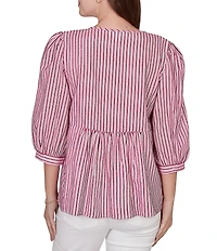 Ruby Rd. Textured Yarn-Dyed Stripe Embroidered Split V-Neck 3/4 Sleeve Blouse