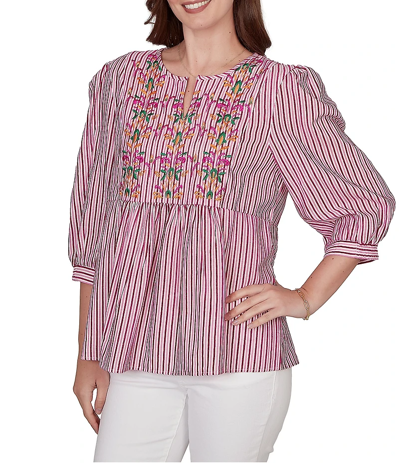 Ruby Rd. Textured Yarn-Dyed Stripe Embroidered Split V-Neck 3/4 Sleeve Blouse