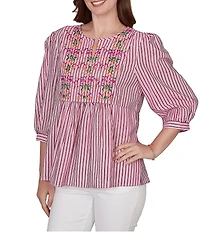 Ruby Rd. Textured Yarn-Dyed Stripe Embroidered Split V-Neck 3/4 Sleeve Blouse