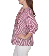 Ruby Rd. Textured Yarn-Dyed Stripe Embroidered Split V-Neck 3/4 Sleeve Blouse