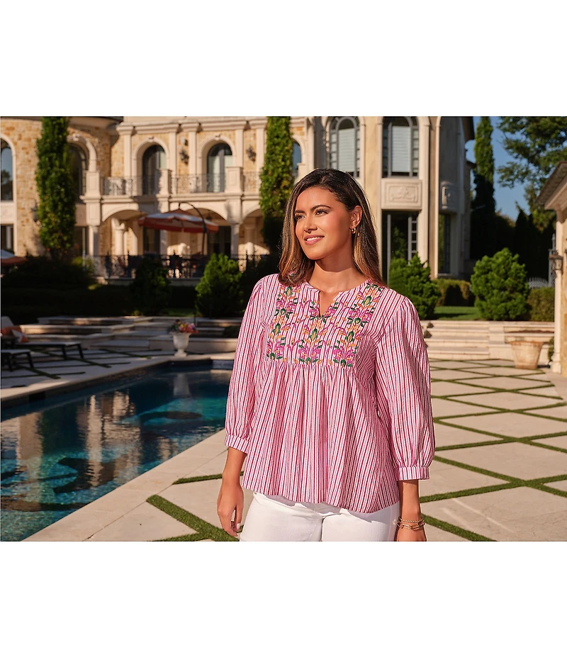 Ruby Rd. Textured Yarn-Dyed Stripe Embroidered Split V-Neck 3/4 Sleeve Blouse