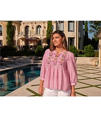 Ruby Rd. Textured Yarn-Dyed Stripe Embroidered Split V-Neck 3/4 Sleeve Blouse