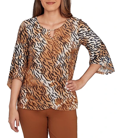Ruby Rd. Tie-Dye Zebra Keyhole Neck 3/4 Bell Sleeve Crossover Hem Jacquard Knit Top