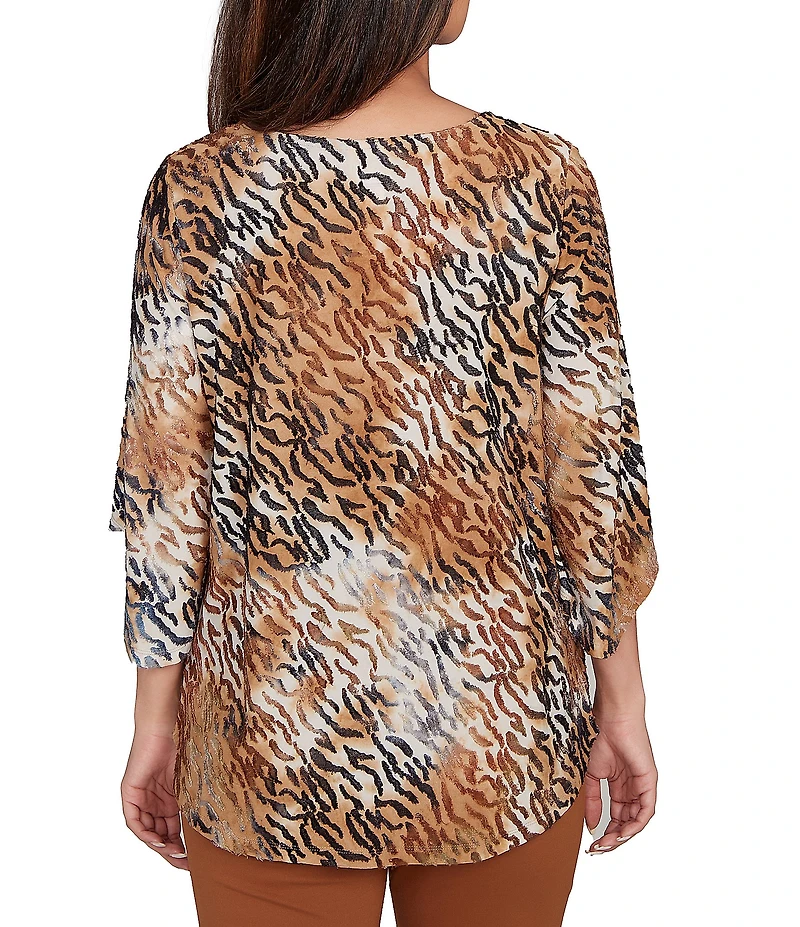 Ruby Rd. Tie-Dye Zebra Keyhole Neck 3/4 Bell Sleeve Crossover Hem Jacquard Knit Top