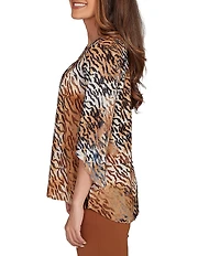 Ruby Rd. Tie-Dye Zebra Keyhole Neck 3/4 Bell Sleeve Crossover Hem Jacquard Knit Top
