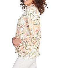 Ruby Rd. Coordinating Tropical Fern Print 3/4 Sleeve Lace Embroidered Scallop Edge Button-Front Shirt