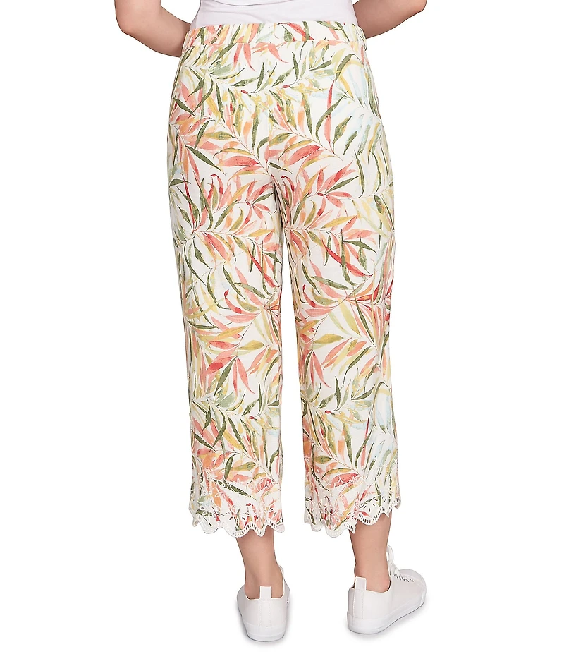 Ruby Rd. Coordinating Tropical Fern Pattern Embroidered Lace Scallop Edge Wide-Leg Pull-On Crop Pants