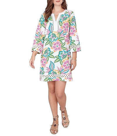 Ruby Rd. Tropical Floral Split V-Neck 3/4 Sleeve Shift Dress