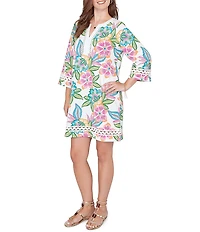 Ruby Rd. Tropical Floral Split V-Neck 3/4 Sleeve Shift Dress