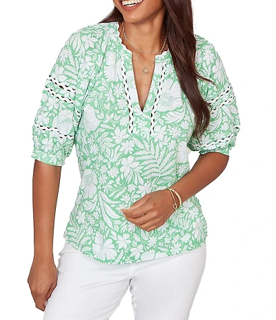 Ruby Rd. Tropical Floral Split V-Neck Elbow Sleeve Top