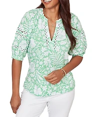 Ruby Rd. Tropical Floral Split V-Neck Elbow Sleeve Top