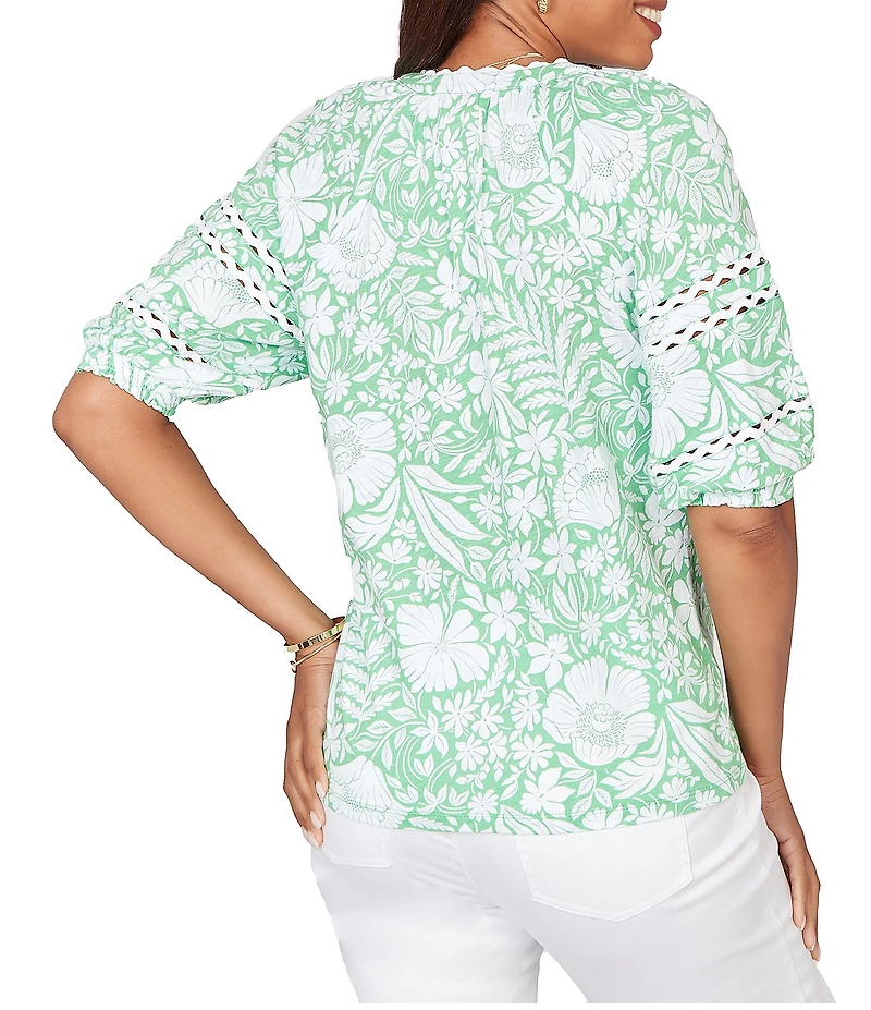 Ruby Rd. Tropical Floral Split V-Neck Elbow Sleeve Top