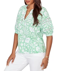 Ruby Rd. Tropical Floral Split V-Neck Elbow Sleeve Top