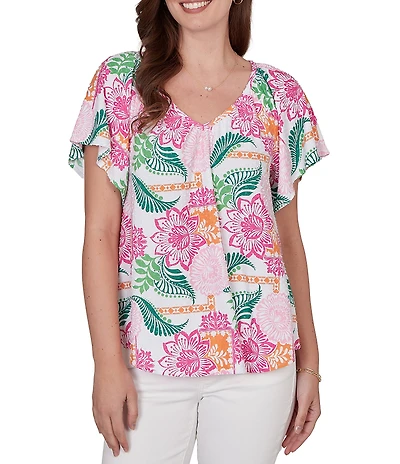 Ruby Rd. Tropical Floral V-Neck Short Flutter Sleeve Top